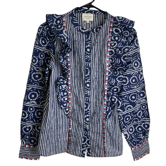 Sezane Coletta Shirt 34 Womens Floral Printed Button Up Embroidered Ruffle - Picture 1 of 11
